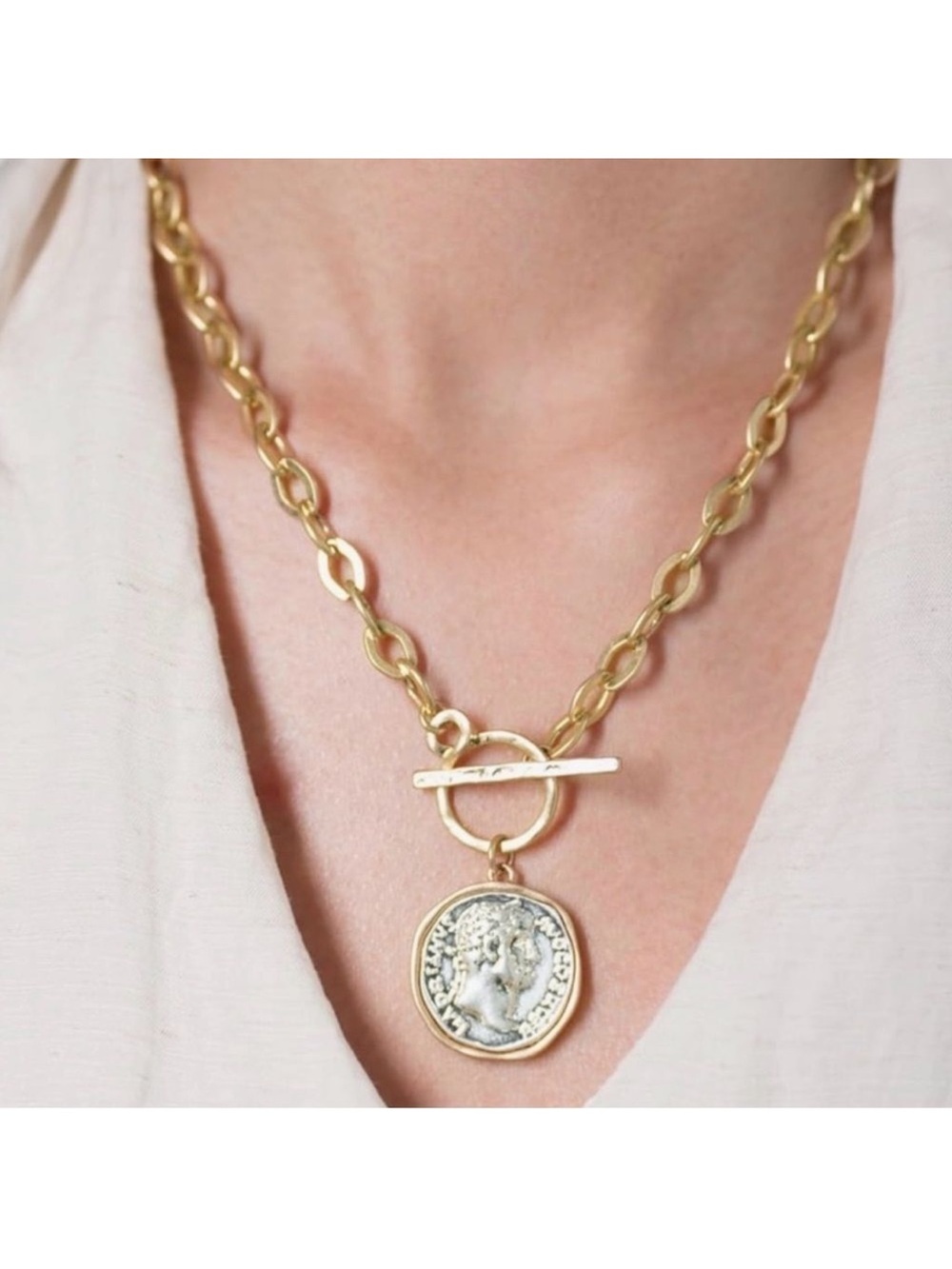Gold-Tone Toggle Necklace with Coin Pendant